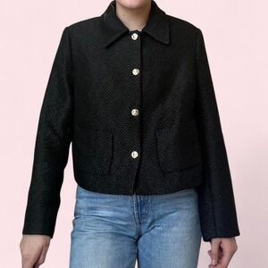 H&M Black Textured Tweed Cropped Jacket with Gold Buttons